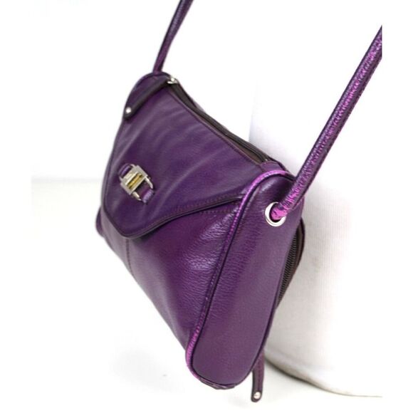 Tignanello PURPLE GENUINE LEATHER FLAP CROSSBODY ORGANIZER SHOULDER BAG HANDBAG - Picture 4 of 16